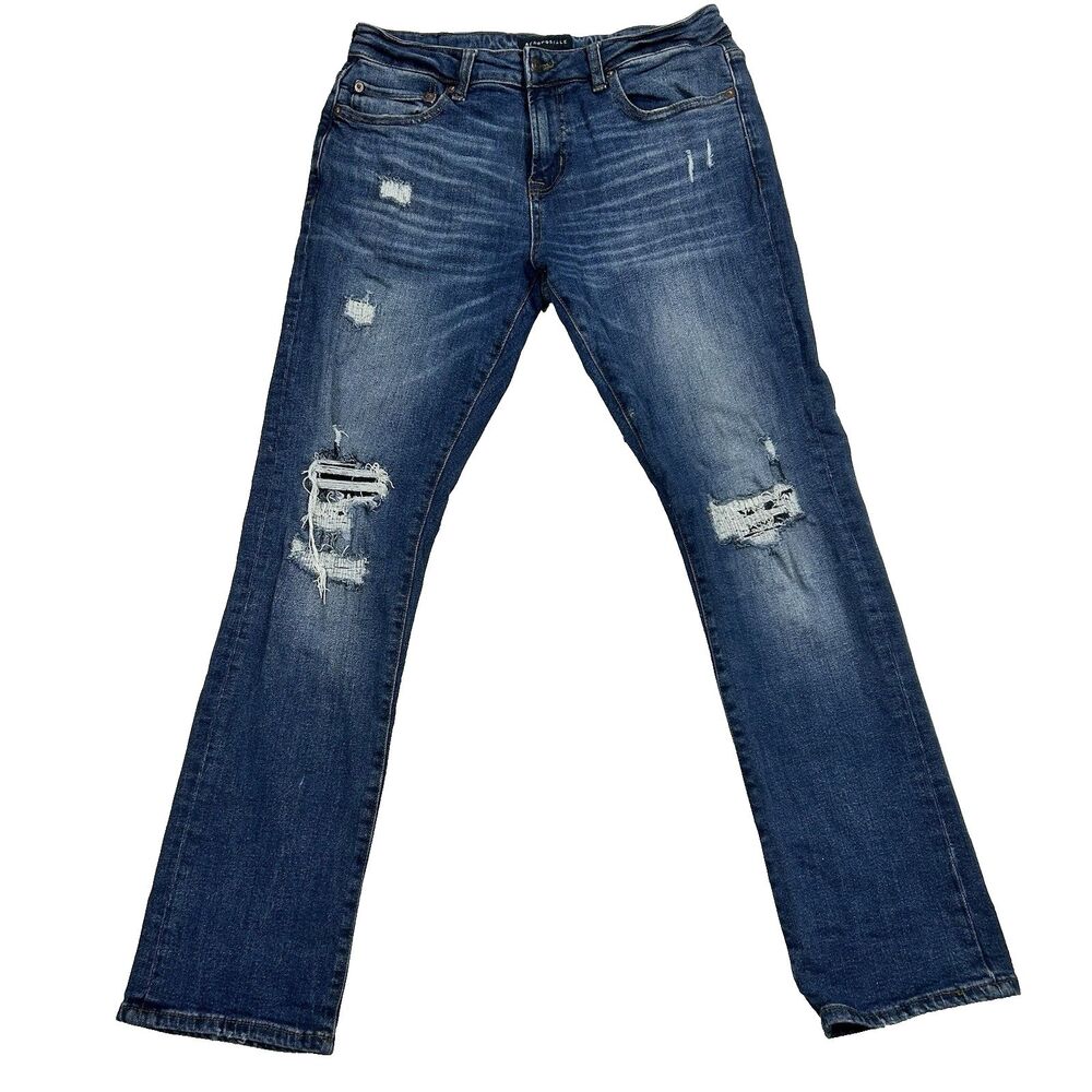 Aeropostale Jeans Mens 31 X 30 Slim Straight Medium Wash Blue Denim Distressed